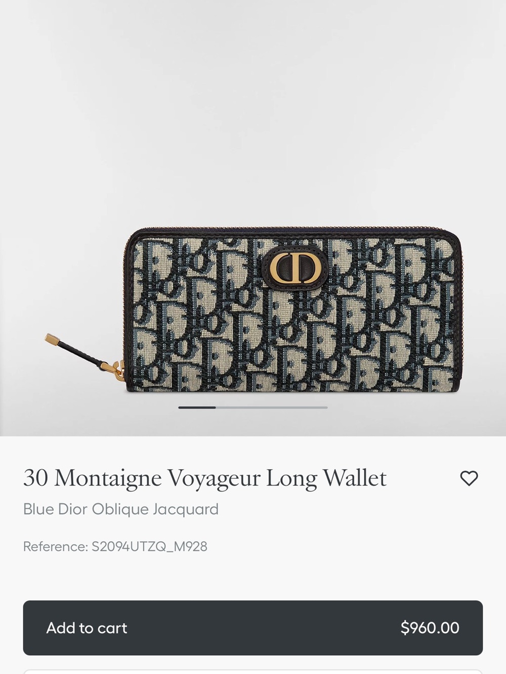 Dior Blue Oblique Jacquard Zip Wallet with Gold Hardware